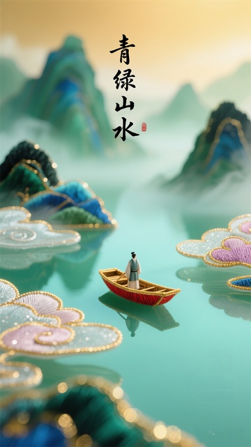 青绿山水艺术插画