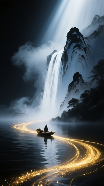 神秘瀑布梦幻小舟艺术画