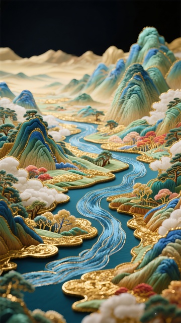 刺绣山水画艺术装饰图案