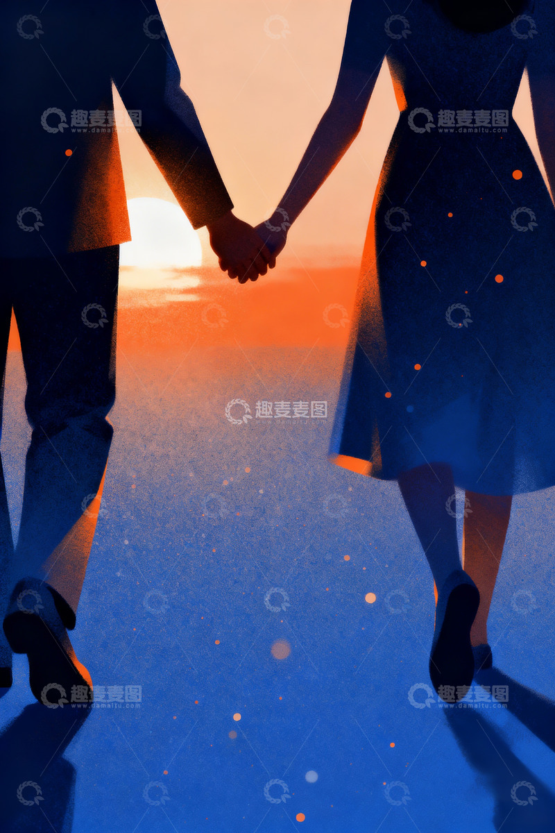 高清大图下载【趣麦麦图】落日阳光下牵手行走的情侣3