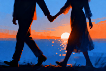 落日阳光下牵手行走的情侣4