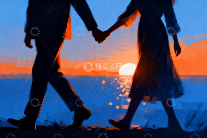 高清大图下载【趣麦麦图】落日阳光下牵手行走的情侣4