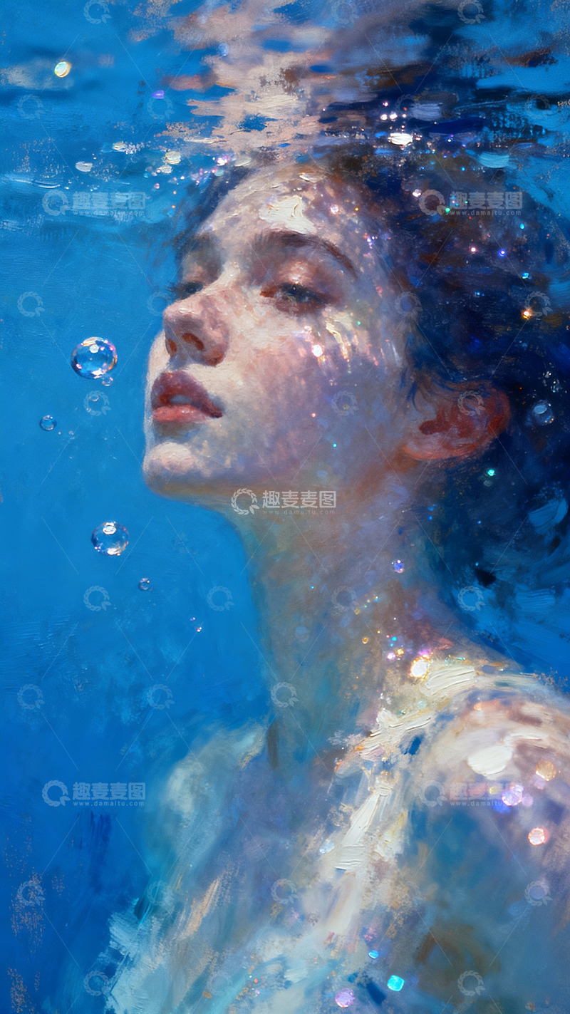 高清大图下载【趣麦麦图】水中人像气泡印象派技法油画1