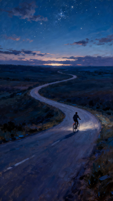 骑车人在广阔的夜色中油画2