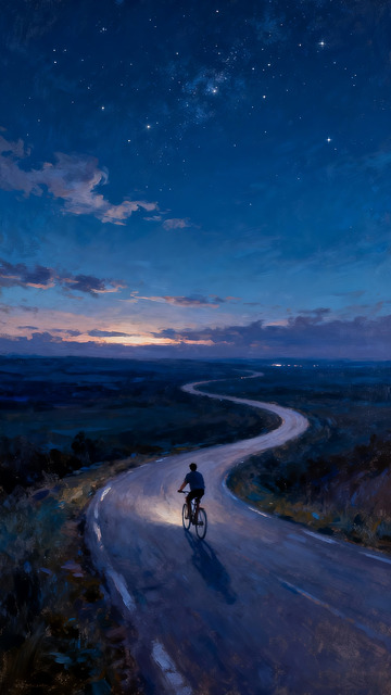 骑车人在广阔的夜色中油画4