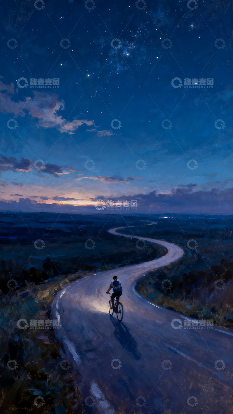 高清大图下载【趣麦麦图】骑车人在广阔的夜色中油画4