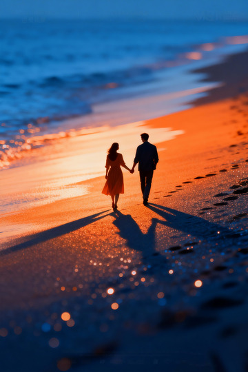 落日阳光下牵手行走的情侣5