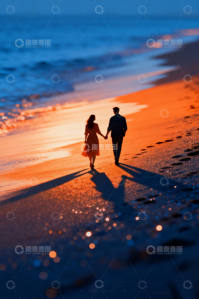 高清大图下载【趣麦麦图】落日阳光下牵手行走的情侣5