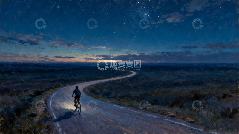 高清大图下载【趣麦麦图】骑车人在广阔的夜色中油画1