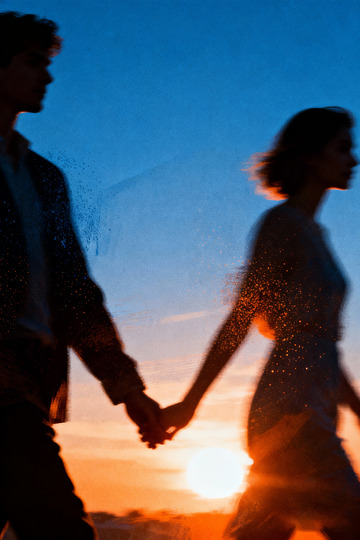 落日阳光下牵手行走的情侣1