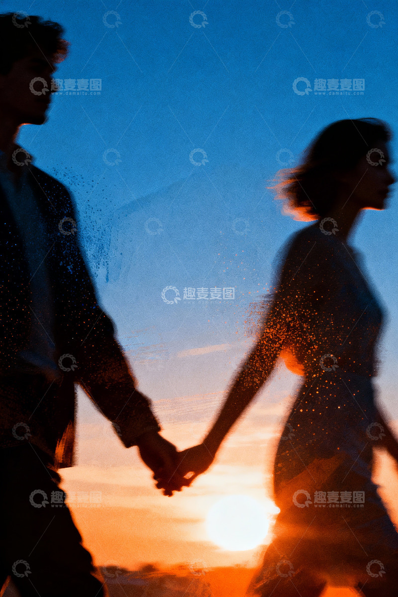 高清大图下载【趣麦麦图】落日阳光下牵手行走的情侣1