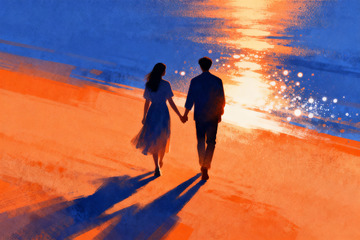 落日阳光下牵手行走的情侣6