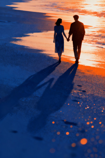 落日阳光下牵手行走的情侣7