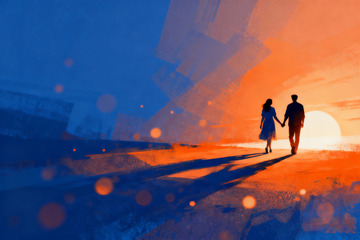 落日阳光下牵手行走的情侣2