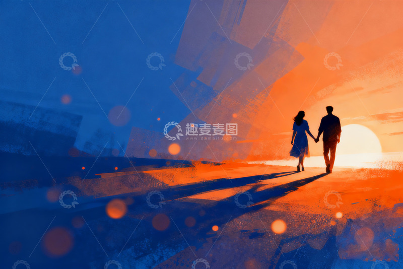 高清大图下载【趣麦麦图】落日阳光下牵手行走的情侣2