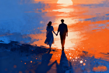 落日阳光下牵手行走的情侣