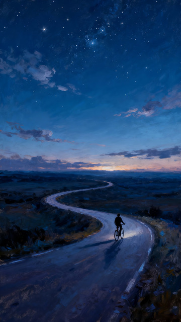 骑车人在广阔的夜色中油画3