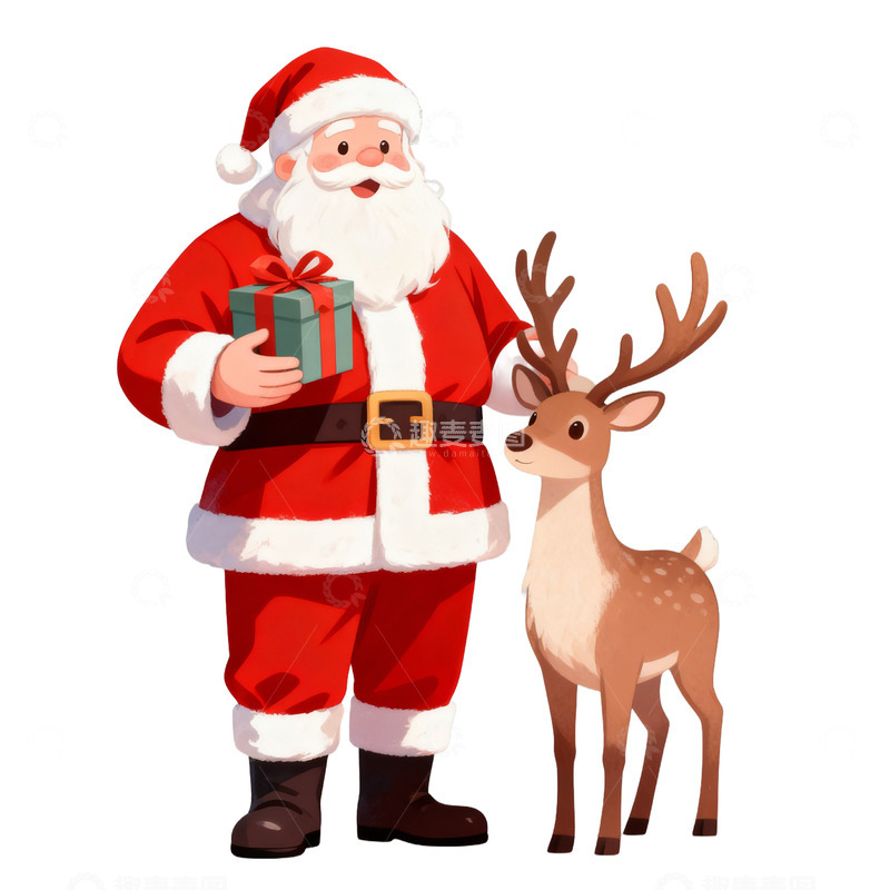 高清大图下载【趣麦麦图】圣诞节拿着礼物的圣诞老人和驯鹿免抠元素