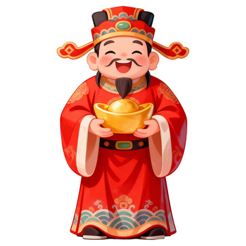 卡通手绘拿着金元宝的财神免抠元素