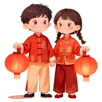 手绘穿喜庆服饰的一对人物免抠元素