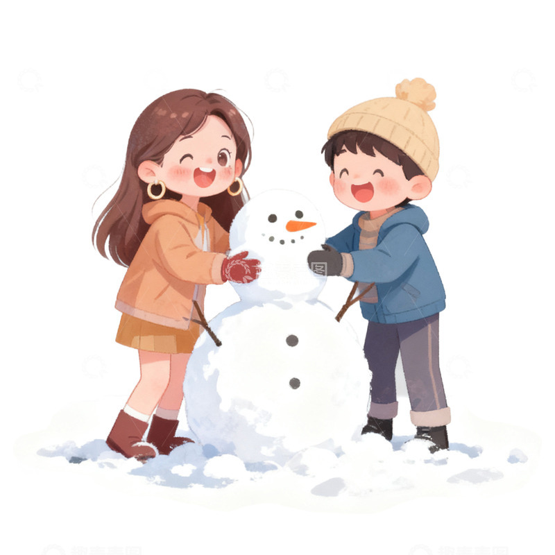 高清大图下载【趣麦麦图】手绘两个堆雪人的人物免抠元素