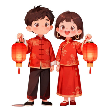 卡通手绘穿喜庆服饰的一对人物免抠元素