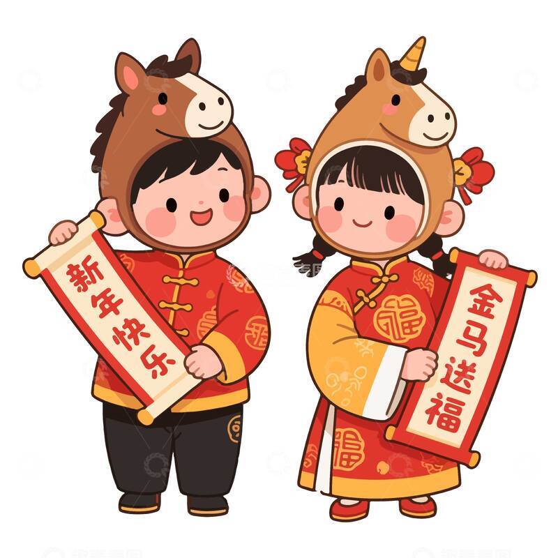 源文件下载【趣麦麦图】-卡通马年新年送福图