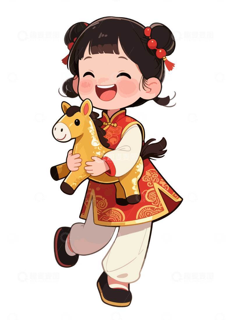 源文件下载【趣麦麦图】-卡通新年女孩玩具马插画