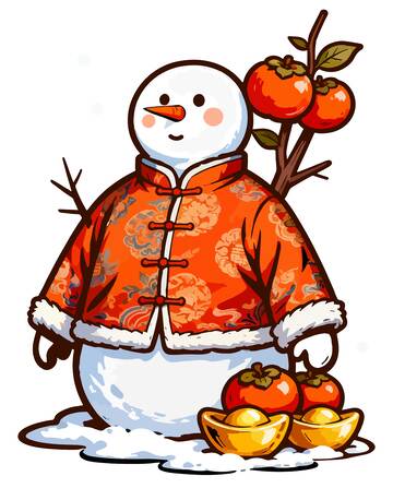 卡通雪人新年柿子插画
