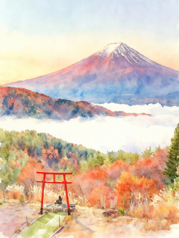 水彩富士山秋景风光画