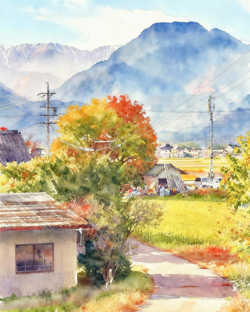 水彩乡村秋景风光插画