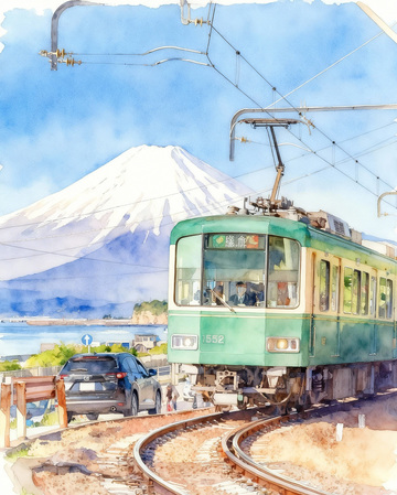 水彩富士山电车风景画