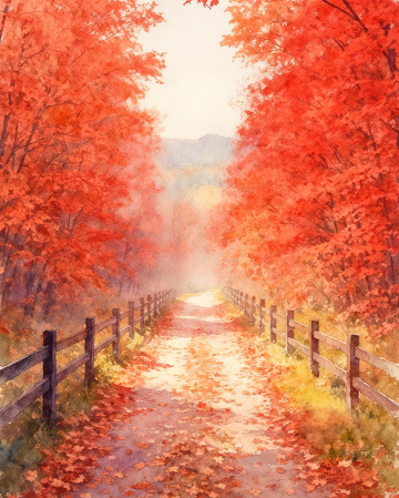 水彩秋林小路风光