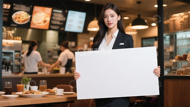 高清大图下载【趣麦麦图】咖啡厅女员工举白板宣传海报