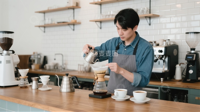 高清大图下载【趣麦麦图】【标题】咖啡馆咖啡师冲泡咖啡