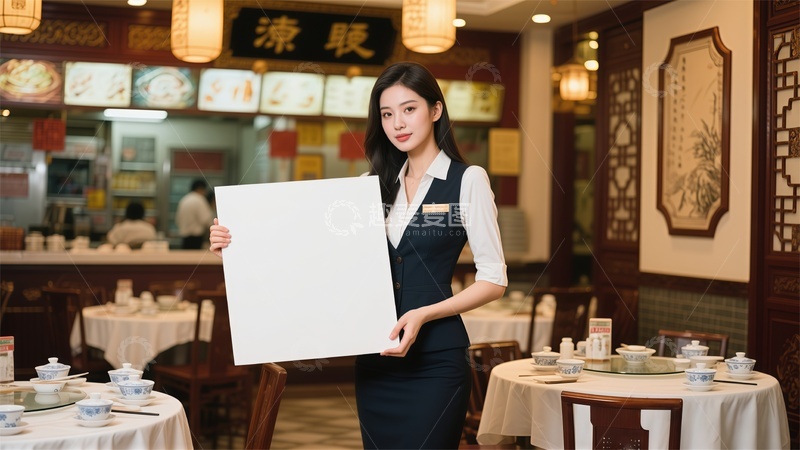高清大图下载【趣麦麦图】中餐厅服务员展示菜单板