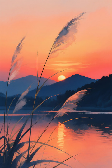 山峦剪影与水面反光插画1