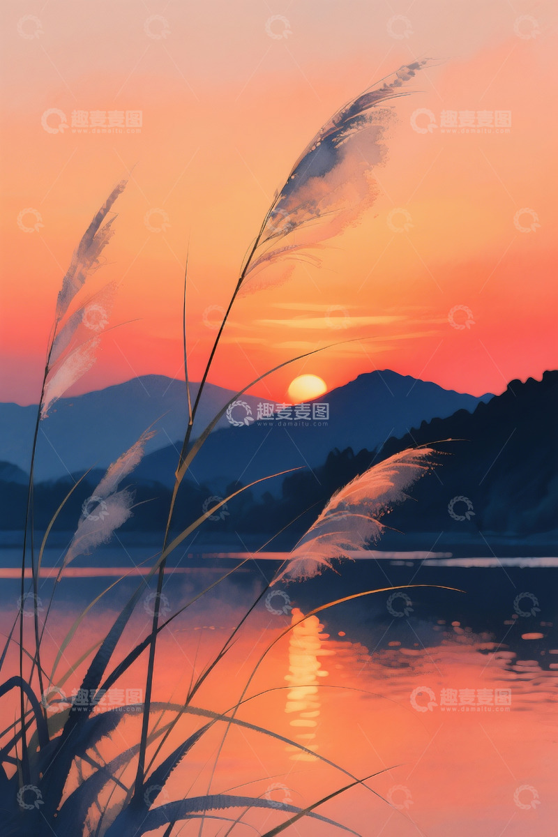 高清大图下载【趣麦麦图】山峦剪影与水面反光插画1