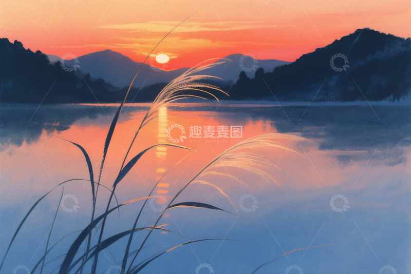 高清大图下载【趣麦麦图】-山峦剪影与水面反光插画