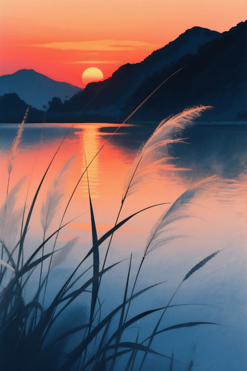 山峦剪影与水面反光插画5