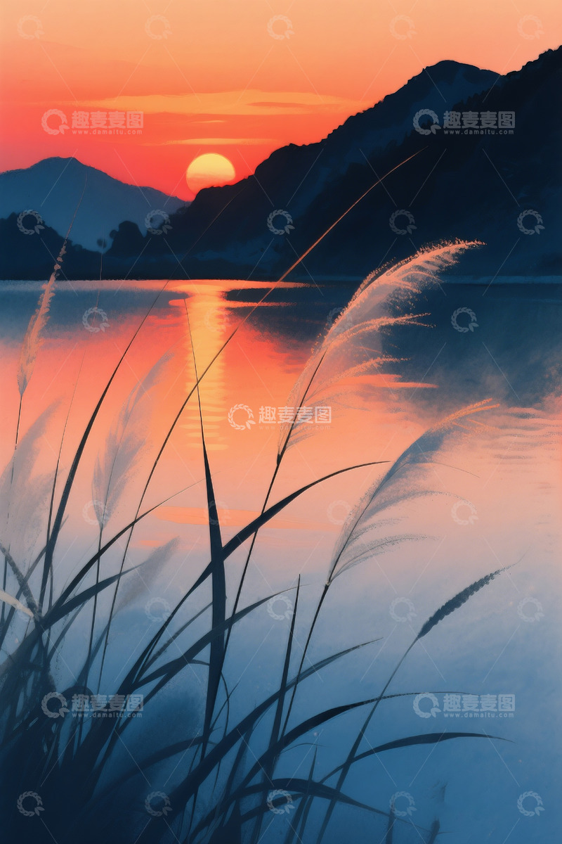 高清大图下载【趣麦麦图】山峦剪影与水面反光插画5