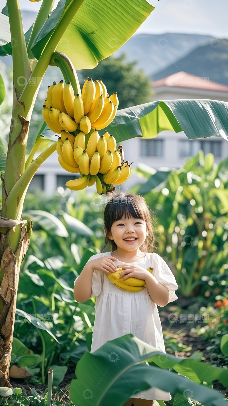 高清大图下载【趣麦麦图】田园小女孩香蕉合影