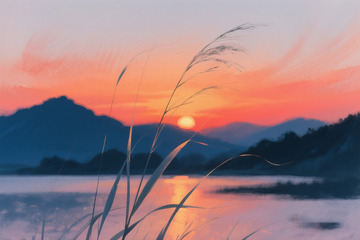 山峦剪影与水面反光插画2