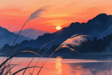 山峦剪影与水面反光插画3