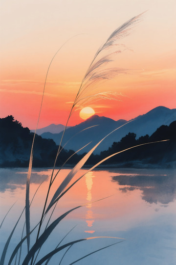 山峦剪影与水面反光插画4