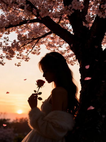 巨大的樱花树下 美女手持一朵玫瑰