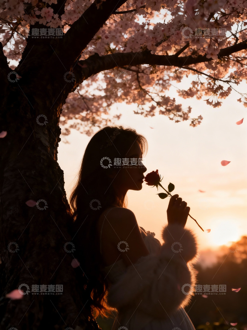 高清大图下载【趣麦麦图】巨大的樱花树下 美女手持一朵玫瑰4