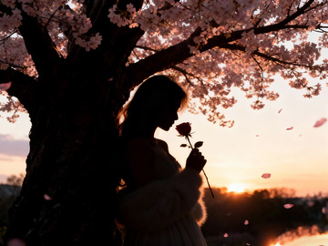 巨大的樱花树下 美女手持一朵玫瑰1