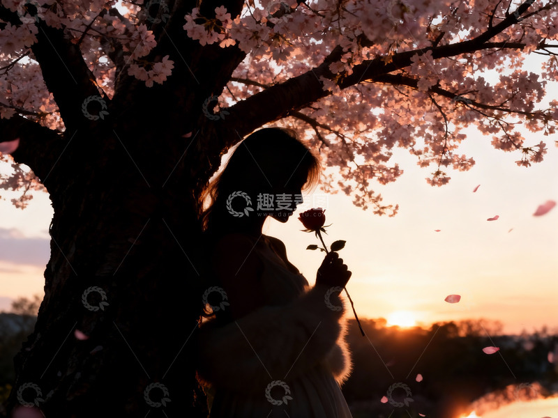 高清大图下载【趣麦麦图】巨大的樱花树下 美女手持一朵玫瑰1