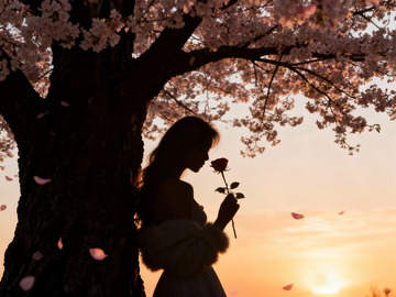 巨大的樱花树下 美女手持一朵玫瑰3